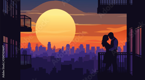 Bild auf Leinwand Romantic vector illustration capturing a couple embracing on a balcony, overlook