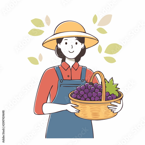 Farmer Woman Holding Basket of Grapes