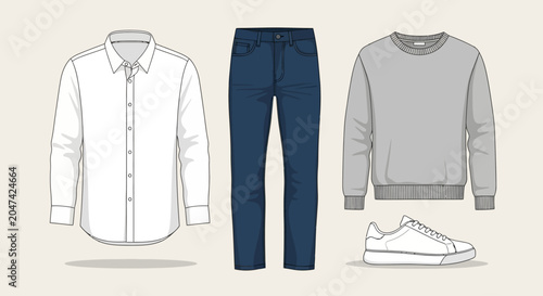 Collection of men's casual fashion apparel, including shirt, jeans, sweater, and sneakers.