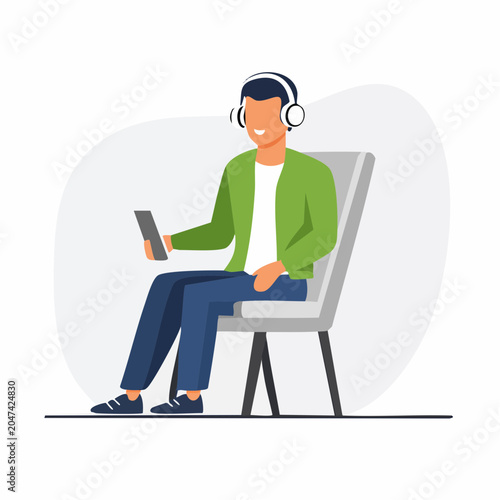 Man with Headphones and Tablet Sitting on Chair