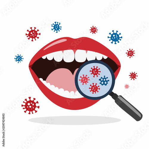 Mouth with viruses examined under a magnifying glass