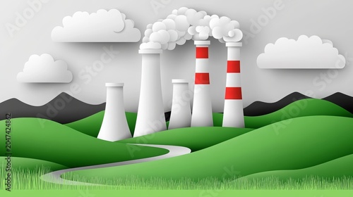 White industrial smokestacks with red bands rise from rolling green hills beneath gray clouds, releasing thick white emissions into the sky while a winding path leads through the landscape