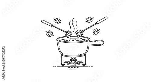 Fondue pot with skewers and food.