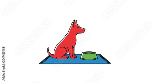 Red dog sitting on blue mat.