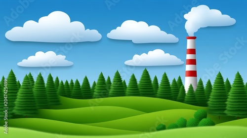 A striped industrial smokestack releases white emissions above rolling green hills and dense evergreen forests beneath a bright blue sky with scattered clouds, highlighting environmental themes
