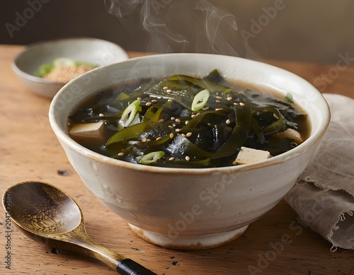 Steaming bowl of seaweed soup with sesame seeds and green onions on a wooden table with a spoon