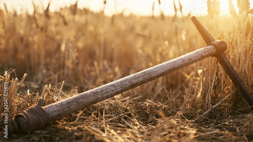 flail. An old, worn flail discarded in a wheat field with textured wood and leather. safety posters, maintenance manuals, designed for precision metalworking and fabrication facilities.