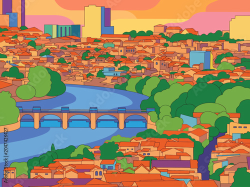 Aerial view of a cityscape with a river and bridge at sunset, featuring buildings and green spaces in a vibrant, cartoon-style illustration.