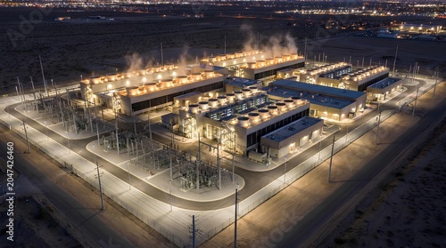 High-angle aerial drone view of a massive hyperscale data center facility illuminated at night with rooftop cooling infrastructure emitting thick steam plumes.