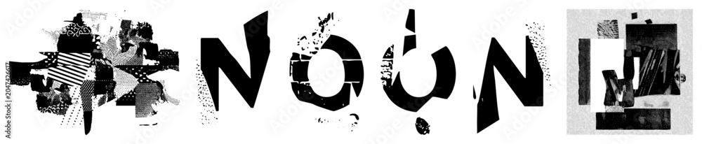 Obraz premium Abstract collage lettering featuring deconstructed glyphs and stencil fragments. This gritty wordmark uses rough letterform pieces and mixed shapes to create a bold visual impact.