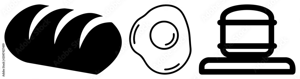 Fototapeta premium Simple black and white collection featuring a crusty loaf, a sunny side up egg, and a cup of joe. This breakfast set includes a morning bread, an eggie, and a drink vessel.