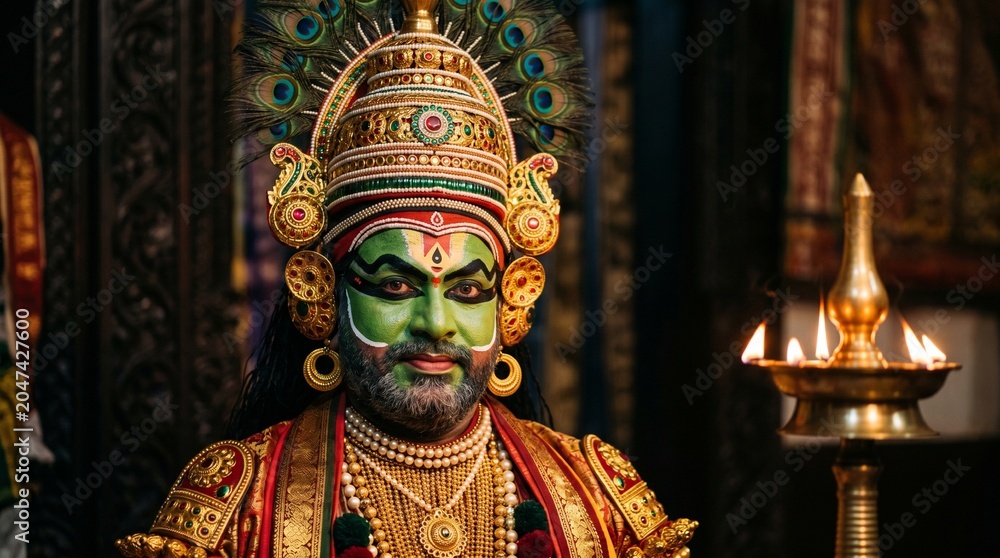 Fototapeta premium Kathakali dancer with green makeup and ornate crown near oil lamp onam festival