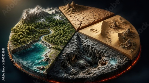 Conceptual 3D render of a circular model showing four distinct biomes and ecosystems.