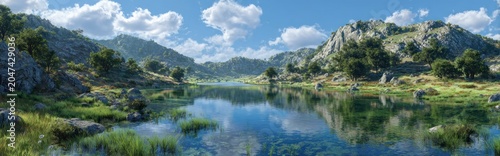 Panoramic view of a calm lake surrounded by mountains and a cloudy sky