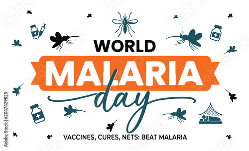 Bild auf Leinwand World Malaria Day illustration with mosquitoes and medical symbols