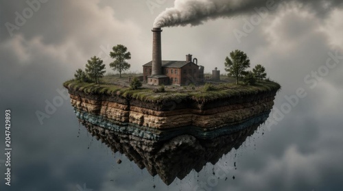 Floating island with smoking factory representing industrial pollution and environmental impact.