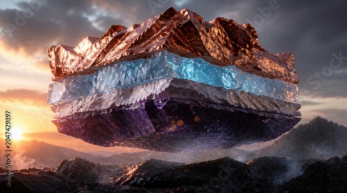 Floating geological rock layer cross section in fantasy sky at sunset.