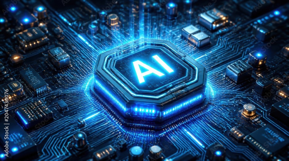 Fototapeta premium Futuristic AI microchip glowing on a blue circuit board representing artificial intelligence technology.