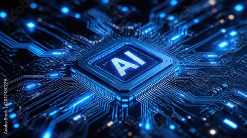 Futuristic artificial intelligence microchip glowing on a blue circuit board.
