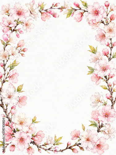 Delicate Watercolor Cherry Blossom Frame with Large Blank Copy Space