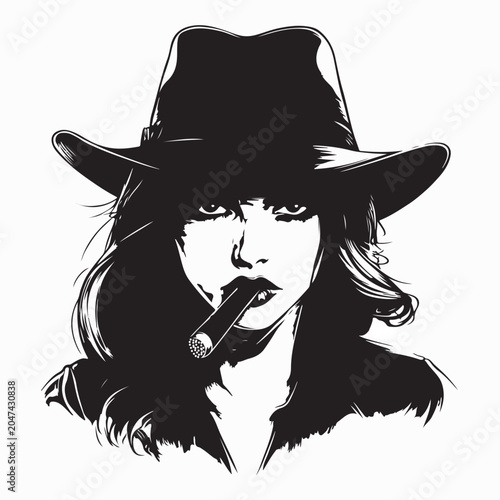 Classic Detective Woman Profile with Hat Vector Design On White Background