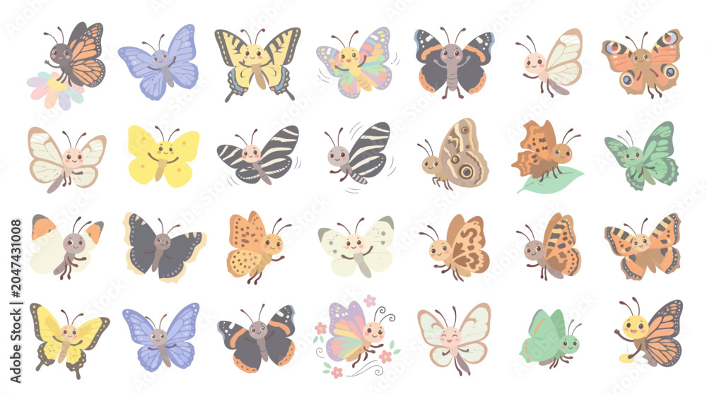 Obraz premium Cute Cartoon Butterflies Collection - Flat Design Vector Art