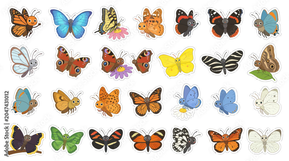 Obraz premium Cute Cartoon Butterfly Sticker Collection, Vector Illustration