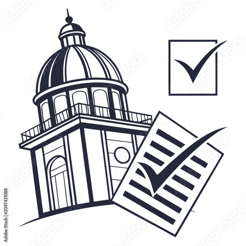 Canvas-taulu Government building with a checkmark and a ballot paper government building chec