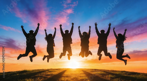 Group of people jumping with joy at sunset on a hilltop