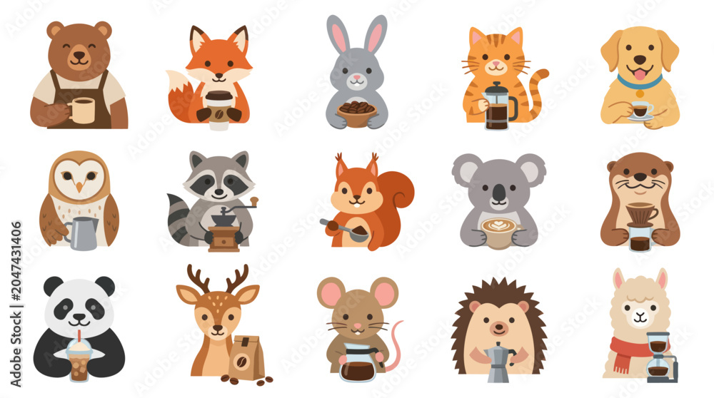 Fototapeta premium Cute Animals Making Coffee Flat Vector Art Icons
