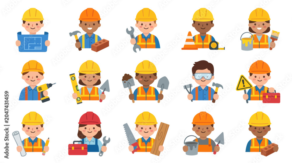Fototapeta premium Collection of Diverse Flat Cartoon Construction Workers and Builders Characters Avatars Set with Tools, Hard Hats, and Safety Vests
