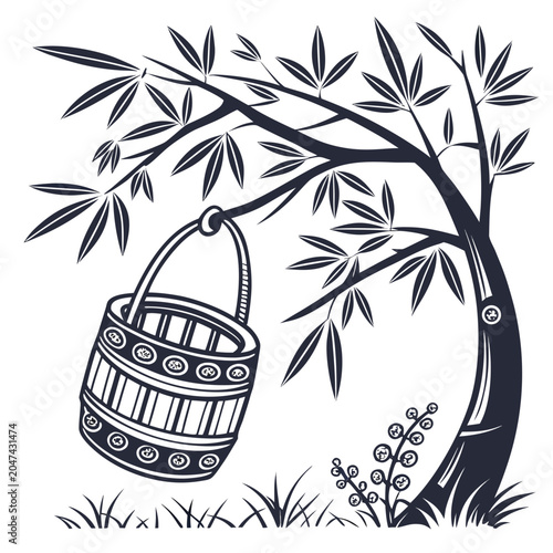 Foto Decorative barrel hanging from a bamboo tree branch with thought provoking, deco