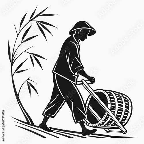 Foto Person carrying a barrel on a handcart in front of bamboo with thought provoking
