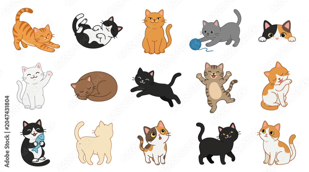 Obraz premium Cute Cartoon Cats Vector Illustration Set - Adorable Kittens in Various Poses for Pet and Animal Designs