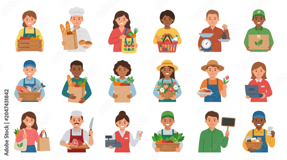 Fototapeta premium Diverse People Food Industry Professions Flat Illustration. Workers in Grocery, Agriculture, and Retail Food Sector
