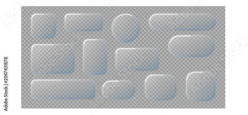 Set of clear glass plates with different shapes on transparent background for modern user interface or button design mock.