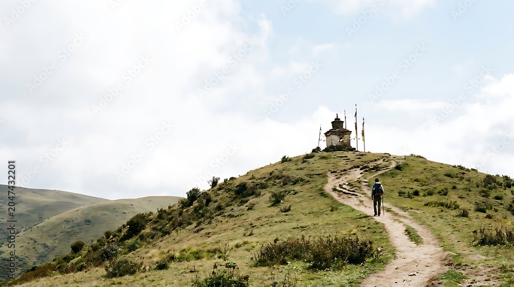 Fototapeta premium Lone hiker trekking towards a hilltop stupa in a vast landscape