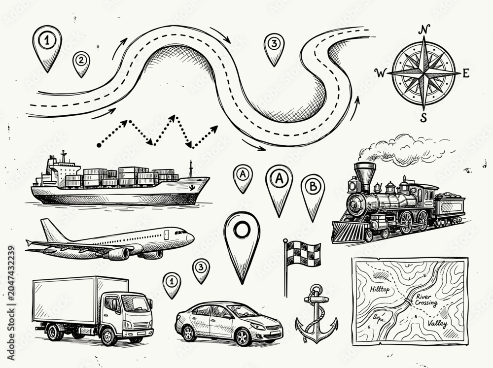 Naklejka premium Hand draw navigation icon set, road path, black ink sketch on white background, travel and ship