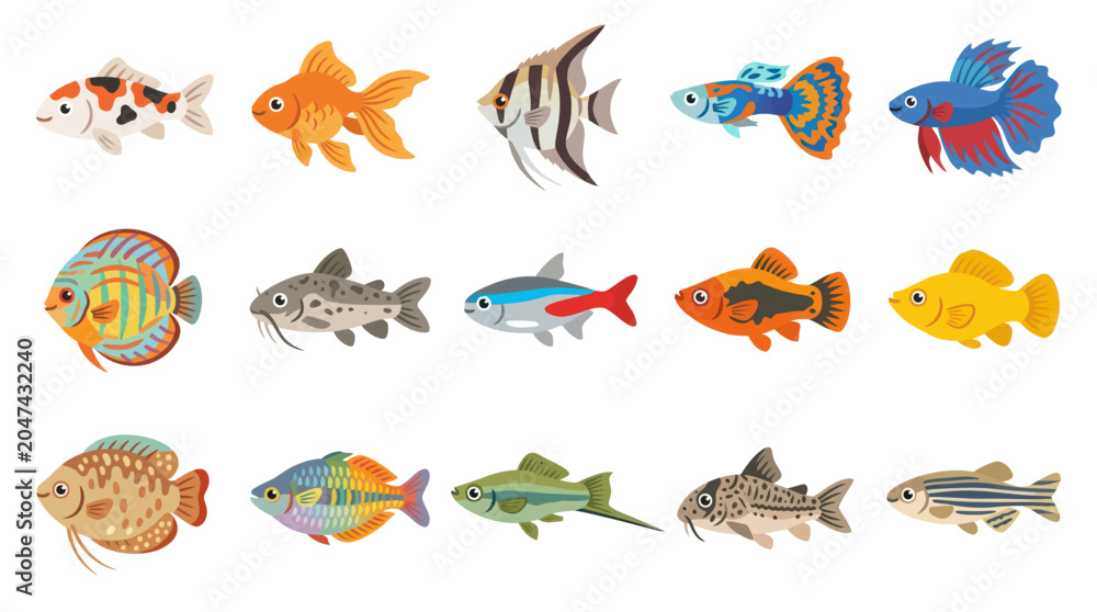Obraz premium Flat Vector Illustration of Various Colorful Aquarium Fish for Pet and Marine Life Themes