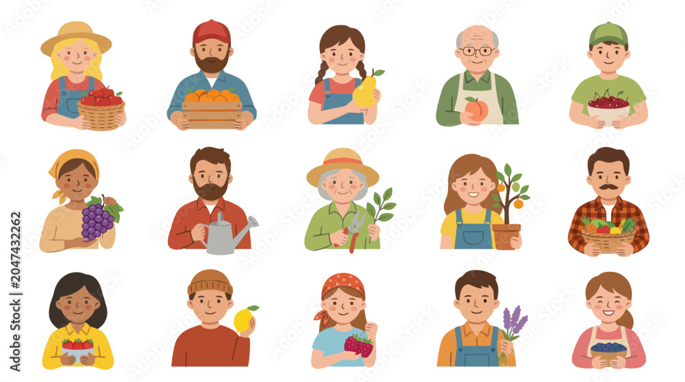 Fototapeta premium Flat Illustration of Diverse Farmers Holding Harvested Produce, Agriculture Vector