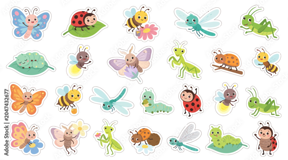 Obraz premium Cute Flat Cartoon Insect and Bug Sticker Set Vector for Kids Nature and Education
