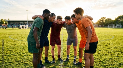 Group of Young Athletes Huddling Together Before Daytime Kickoff