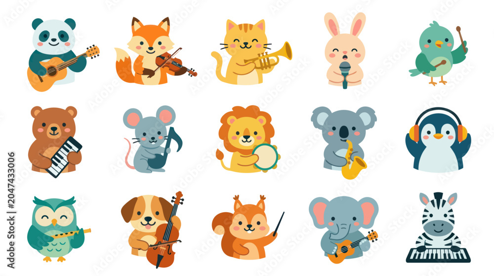 Fototapeta premium Cute Cartoon Animals Playing Musical Instruments Flat Vector Illustration Set for Kids Music Education