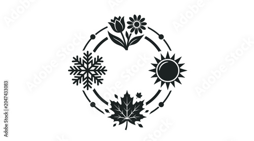Silhouette vector icon set arranged around a circular seasonal cycle concept, spring flower, summer sun, autumn leaf, winter snowflake, balanced composition