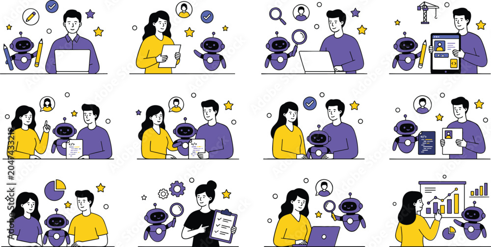 Fototapeta premium Artificial Intelligence Business Icon Set with Human and AI Robot Collaboration for Automation Workflow Data Analysis and Recruitment Designs