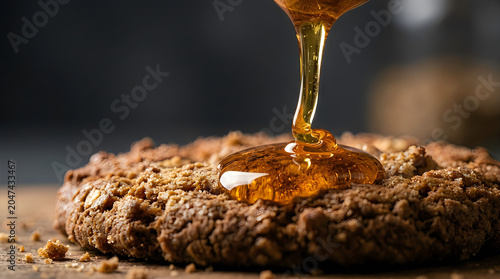 Amber viscous honey flows onto rough textured baked cookie. Close macro shot captures thick syrup drip, natural sweetener. Brown crumbly pastry texture. Dark backdrop