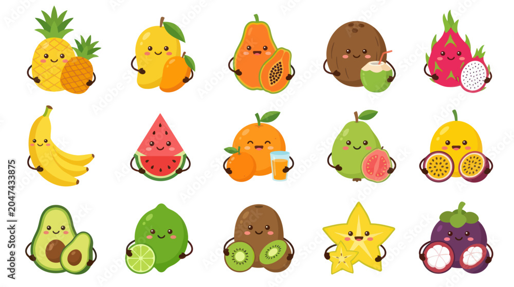 Obraz premium Cute Cartoon Tropical Fruit Characters Collection in Flat Style - Healthy Food Kids' Education Vector Illustration