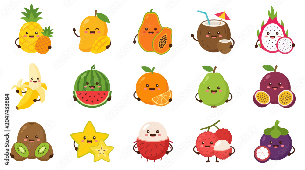 Obraz premium Cute Flat Cartoon Tropical Fruits Characters Vector Illustration Set - Food Healthy Eating Kawaii Design