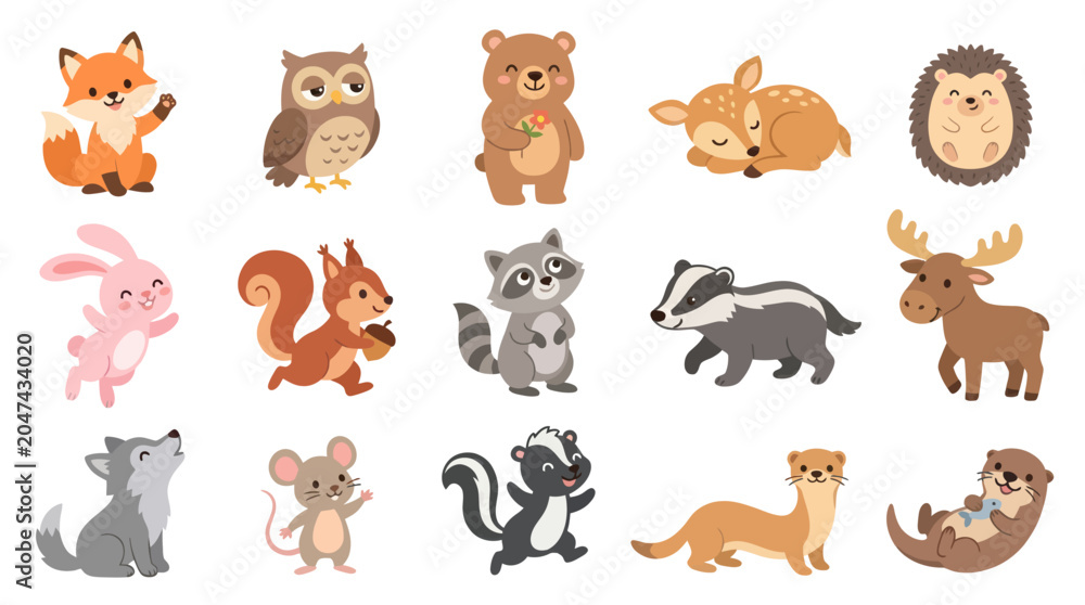 Fototapeta premium Cute Cartoon Forest Animals Collection - Flat Vector Illustration