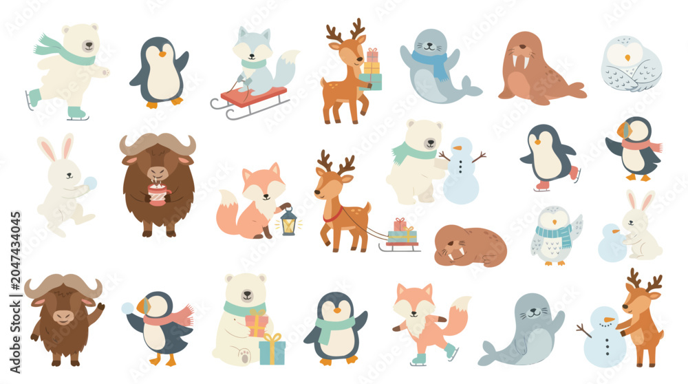 Fototapeta premium Cute Winter Animals in Flat Style Vector Illustration - Arctic Wildlife Cartoon
